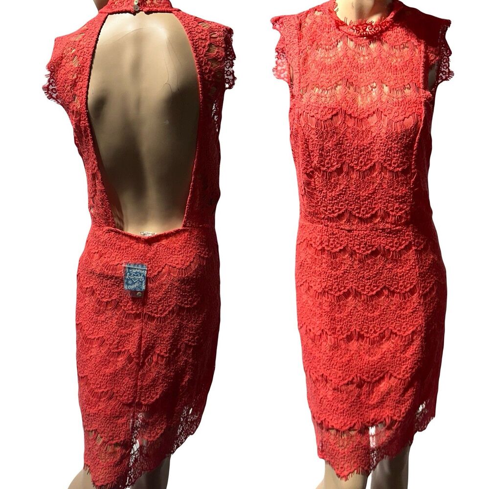 Intimately Free People Coral Lace Open Back Sheath Dress Sleeveless Size L NWT